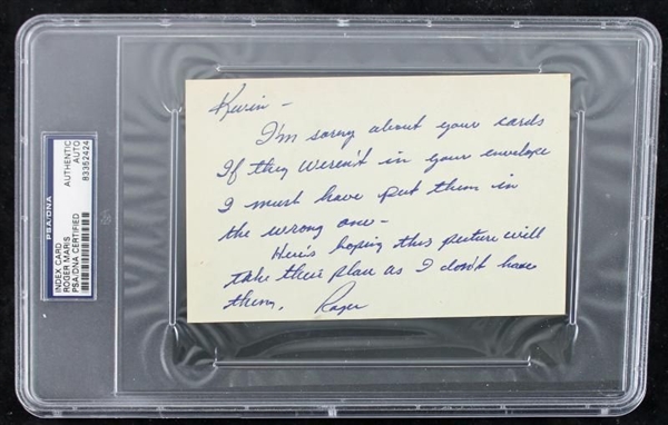 Roger Maris Handwritten & Signed Note on 4" x 6" Index Card (PSA/DNA Encapsulated)