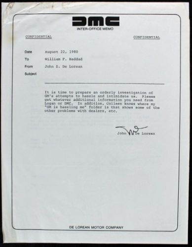 John DeLorean Rare Signed Confidential Memo (PSA/DNA)
