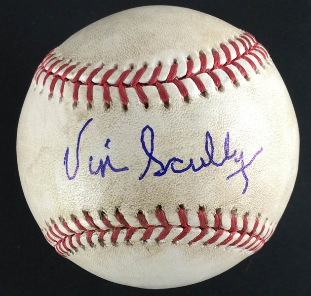 Vin Scully Signed OML 2012 Game Used Baseball :: Pitched by Clayton Kershaw! (JSA & MLB Authentication)