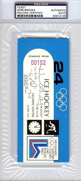 Herb Brooks Signed 1980 Orginal Hockey Ticket (PSA/DNA)