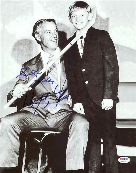Wayne Gretzky & Gordie Howe Rare Dual-Signed 11" x 14" B&W Photo of Gretzky as a Child Meeting Howe! (PSA/DNA)