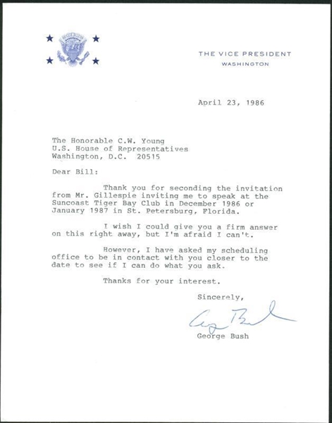 George H.W. Bush Typed & Signed 1986 Letter on Vice President Letterhead (PSA/DNA)