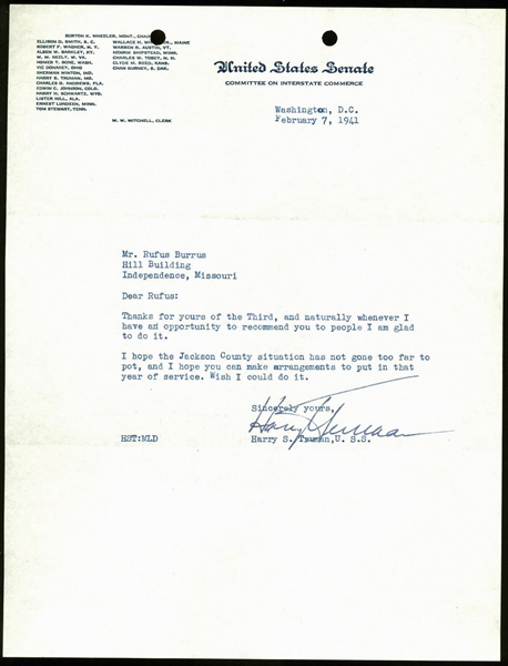Harry Truman Signed 1941 Letter on U.S. Senate Letterhead (PSA/DNA)