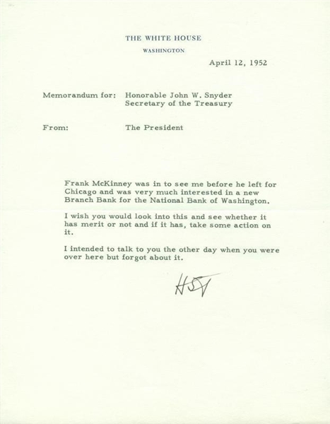 President Harry Truman Signed Typed 1952 White House Letter to Secretary of Treasury (PSA/DNA)