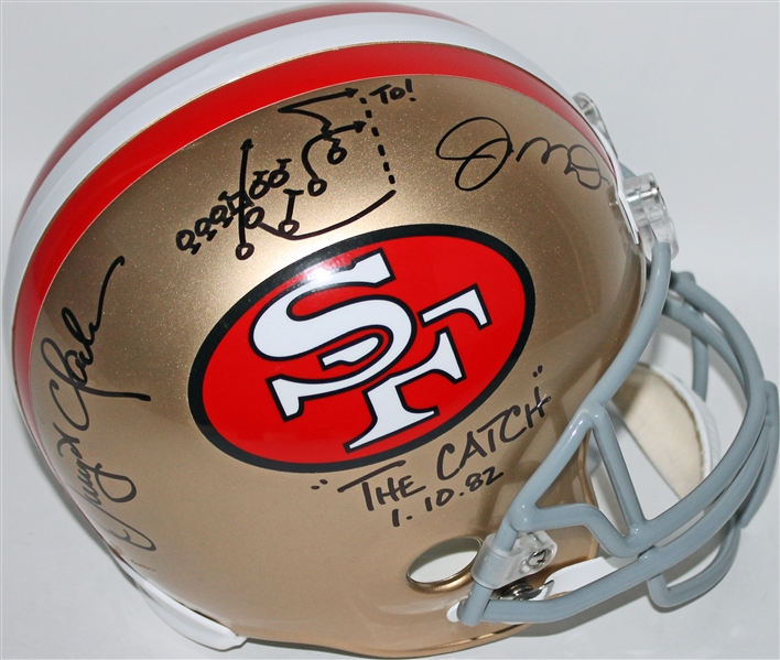 Joe Montana & Dwight Clark Signed 49ers Full-Sized Replica Helmet w/ "The Catch" Handwritten Play & Inscription (PSA/DNA)