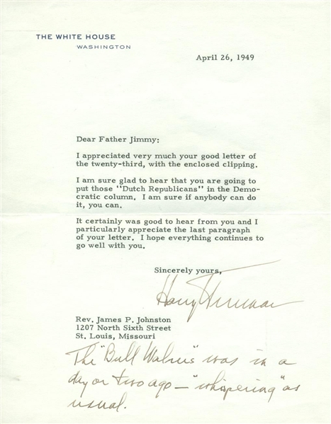 Harry Truman Signed 1949 White House Letter As President w/ Political Content! (PSA/JSA Guaranteed)