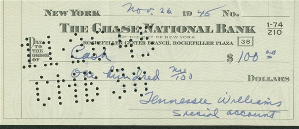 Tennessee Williams Signed & Hand-Written Personal Bank Check (PSA/JSA Guaranteed)