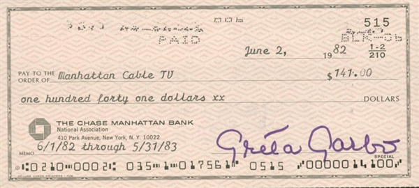 Greta Garbo Signed Near-Mint 1982 Bank Check (PSA/JSA Guaranteed)
