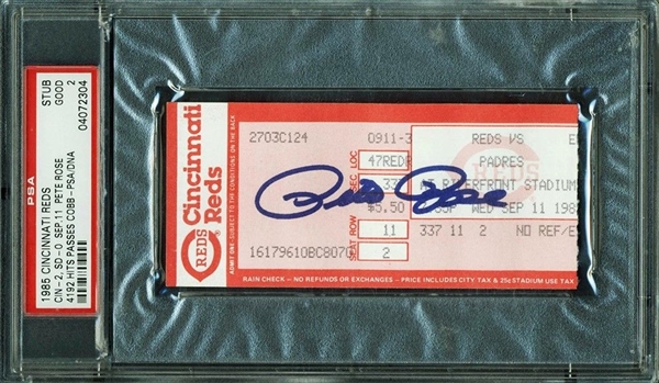 Pete Rose Signed Full Ticket for Record Breaking Hit Game (9/11/85)(PSA Graded GOOD 2)