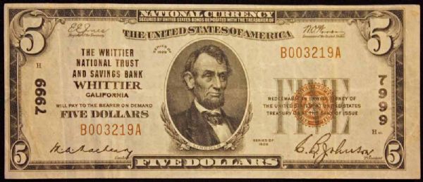 RARE 1929 $5 Bill Issued by Whittier Natl Savings & Trust Bank - Whittier, CA (B003219A)