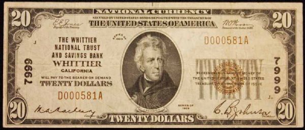 RARE 1929 $20 Bill Issued by Whittier Natl Savings & Trust Bank - Whittier, CA (D000581A)