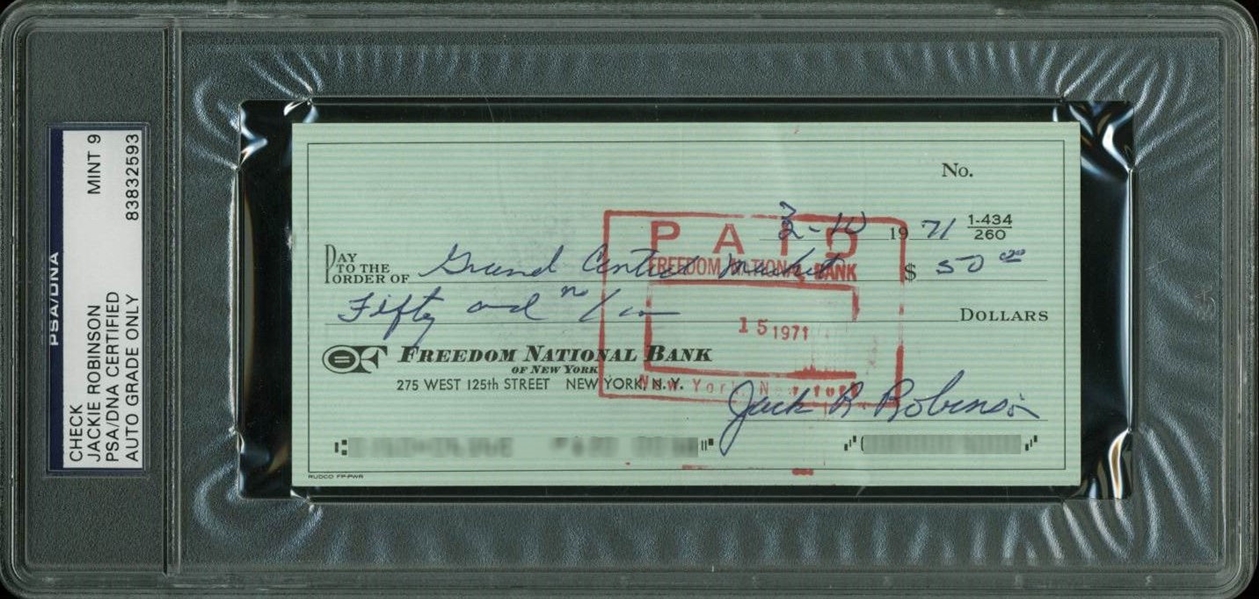 Jackie Robinson Signed 1971 Bank Check (PSA/DNA Graded MINT 9)