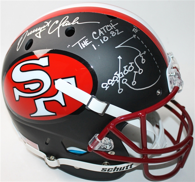 Dwight Clark Signed & Inscribed "The Catch" Full-Sized Black Replica Helmet w/ Hand Drawn Play (PSA/DNA ITP)