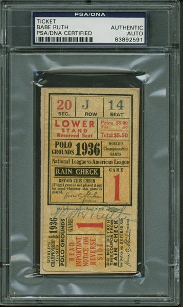 Babe Ruth ULTRA-RARE Signed 1936 World Series NY Yankees Polo Grounds Ticket Stub (PSA/DNA Encapsulated)