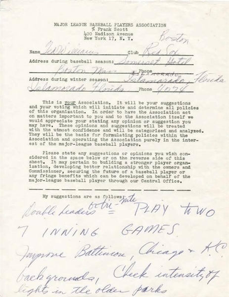 Ted Williams Signed MLBPA Document w/ Handwritten Notes (PSA/DNA)