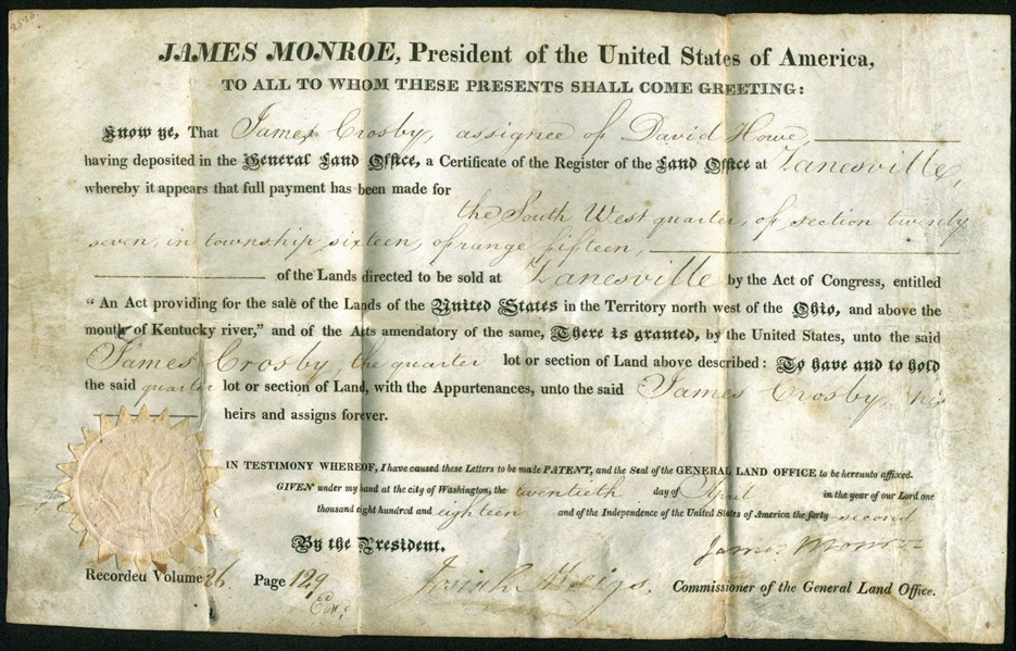 James Monroe Signed 1818 Presidential Land Grant (PSA/DNA)