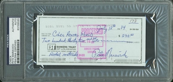 "Pistol" Pete Maravich Handwritten & Signed Personal Bank Check (1984)(PSA/DNA Encapsulated)