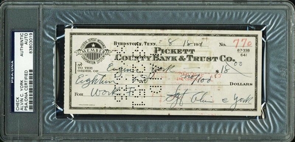 WWI: Sgt. Alvin York Handwritten & Signed 1951 Bank Check (PSA/DNA Encapsulated)