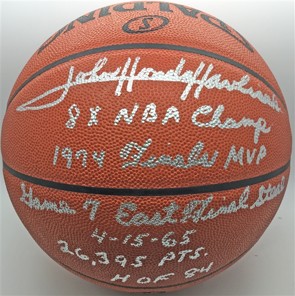 John Havlicek One-Of-A-Kind Extensive Signed & Hand Inscribed Stat Official Leather NBA Basketball (PSA/JSA Guaranteed)