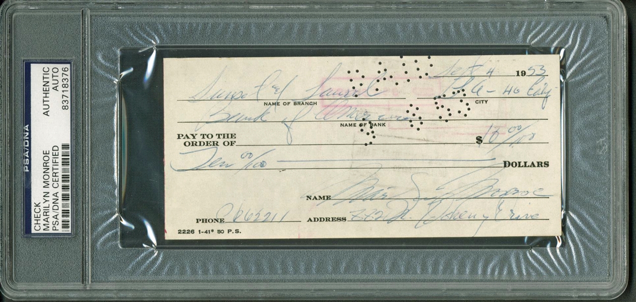 Marilyn Monroe Exceptional Signed & Hand Written 1953 Bank Check (PSA/DNA Encapsulated)