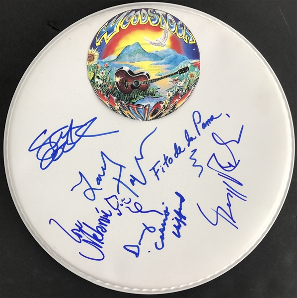 Woodstock Greats Signed Drumhead with Melanie, Larry Taylor, Greg Rolie, etc. (TPA Guaranteed)
