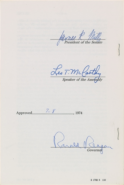 President Ronald Reagan Signed 1978 California Senate State Bill 1782 Document (TPA Guaranteed)