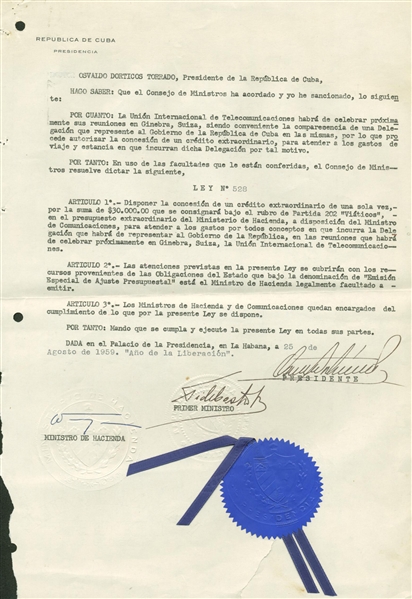 Fidel Castro Vintage Signed 1959 Cuban Minister of Finance Budget Document! (TPA Guaranteed)
