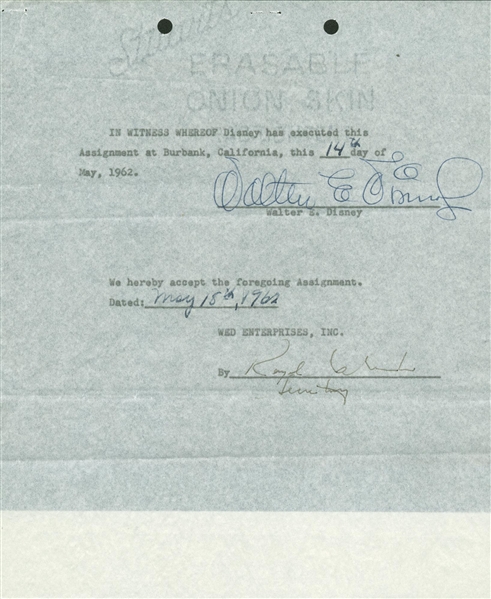 Walt Disney Signed 1962 WED Enterprises Contract w/ Motion Picture Content! (Beckett)
