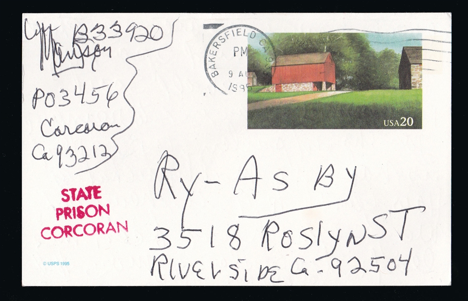 Charles Manson Handwritten & Signed Prison Postcard (Beckett/BAS Guaranteed)