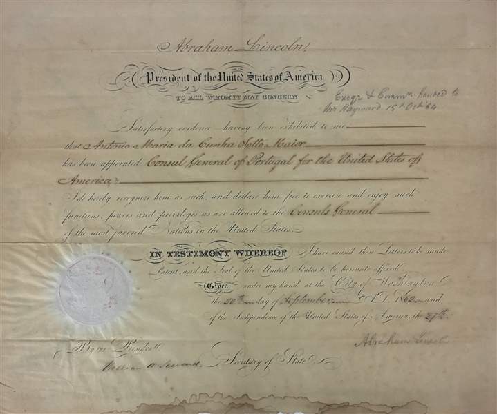 President Abraham Lincoln Signed Civil War Dated General of Portugal Appointment! (Beckett)