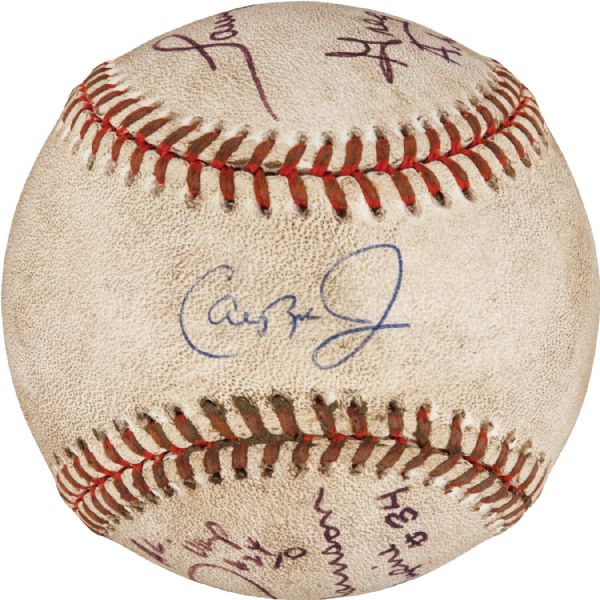 Incredible Cal Ripken Jr. Game Used & Signed OAL Baseball From Record-Breaking 2,131 Consecutive Game - Also Signed by Four Umpires! (JSA & MEARS)