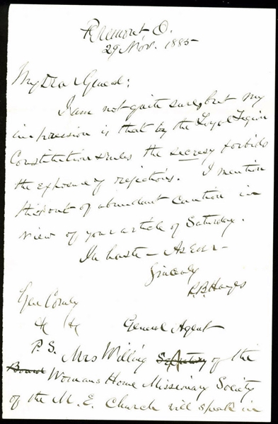 President Rutherford B. Hayes Handwritten & Signed Letter as President (PSA/DNA)