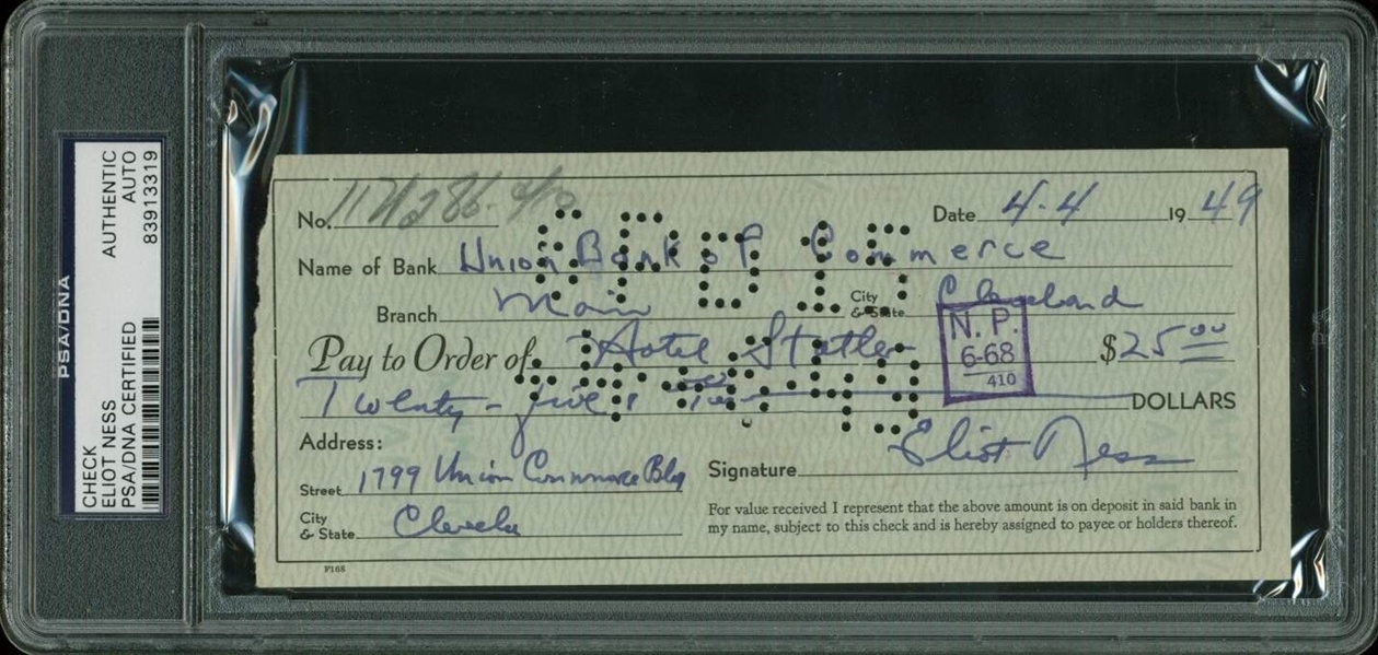 The Untouchables: Eliot Ness Handwritten & Signed 1949 Bank Check (PSA/DNA Encapsulated)