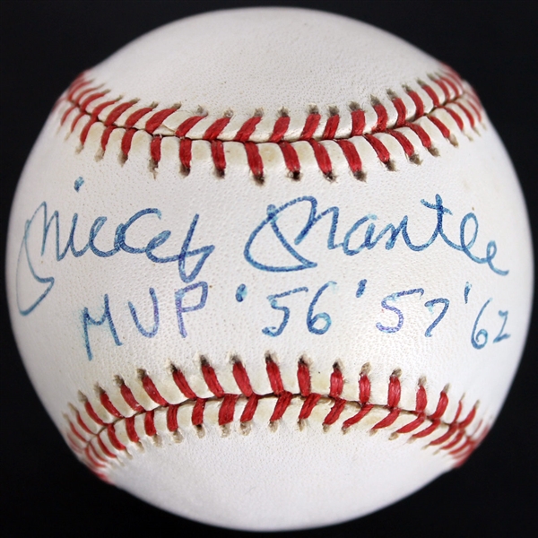 Mickey Mantle Signed OAL Baseball with ULTRA RARE "MVP 56, 57, 62" Inscription (PSA/DNA)