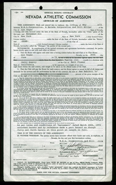 Muhammad Ali Signed 1972 Fight Contract for Jerry Quarry Rematch! (PSA/DNA)