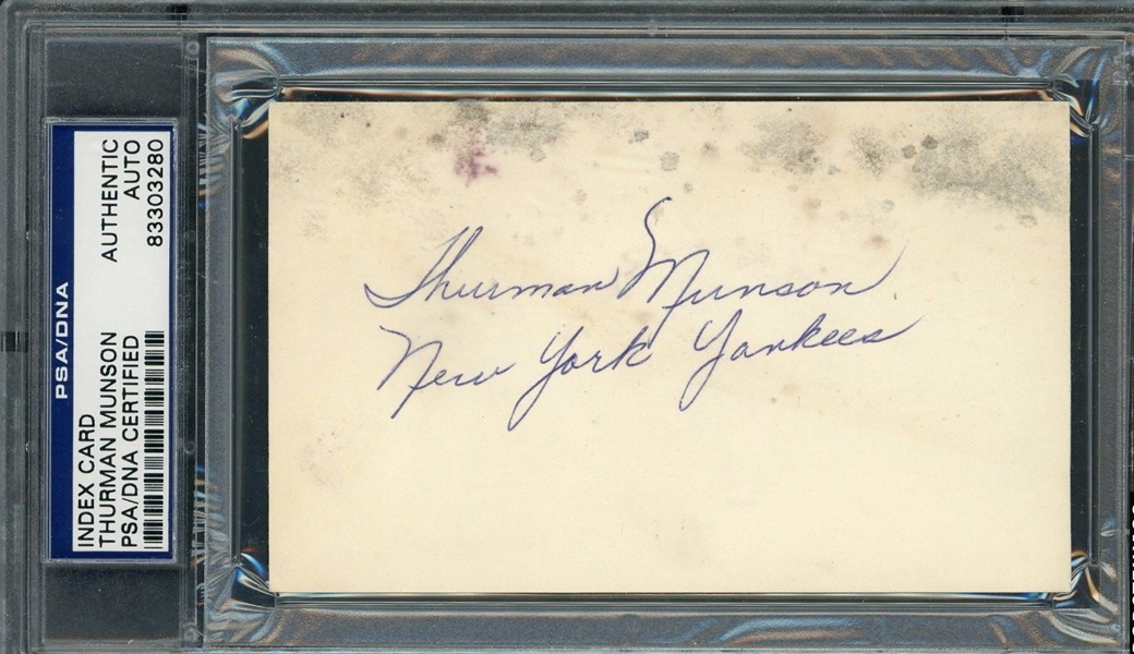 Thurman Munson Signed 3" x 5" Index Card with Rare "New York Yankees" Inscription (PSA/DNA)