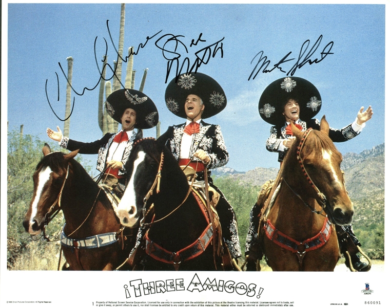 The Three Amigos: Rare Signed 11" x 14" Color Lobby Card w/Martin, Chase & Short! (Beckett/BAS)