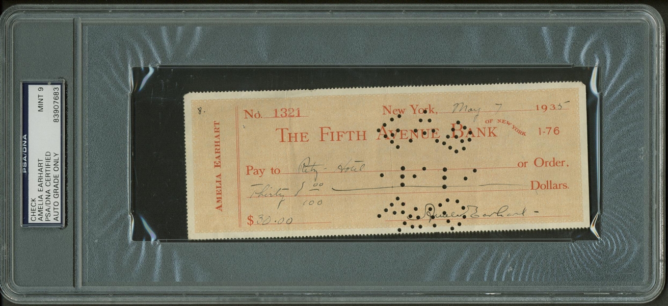 Amelia Earhart Signed & Hand Written 1935 Bank Check PSA/DNA Graded MINT 9!