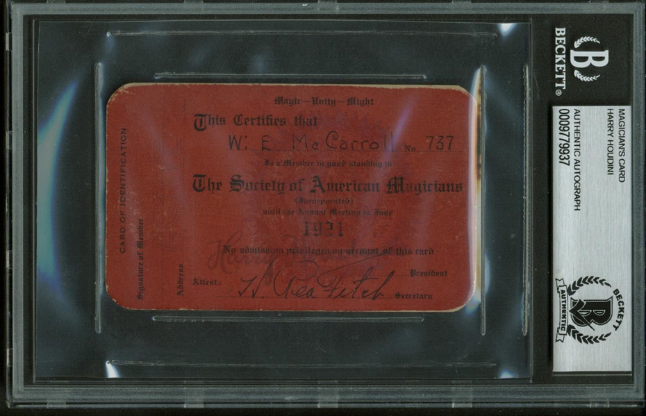 Harry Houdini Signed 1921 Society of American Magicians Card (Beckett/BAS Encapsulated)