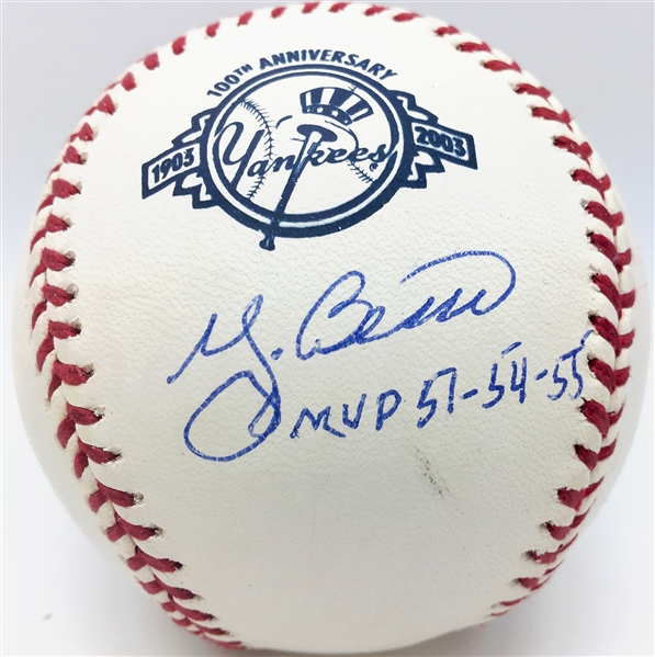 Yogi Berra Signed NY Yankees 100th Anniversary Baseball w/ "MVP 51-54-55" Inscription (Beckett/BAS Guaranteed)