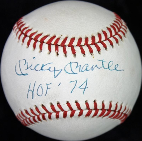 Near-Mint Mickey Mantle Signed "HOF 74" OAL Baseball (JSA)