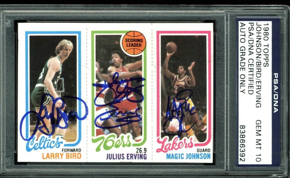 1980-81 Topps Magic Johnson, Larry Bird & Julius Erving Card - Signed by All 3 - Magic & Birds Rookie - PSA/DNA Graded GEM MINT 10!