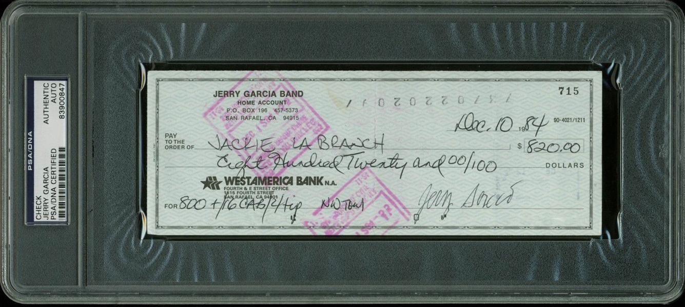 The Grateful Dead: Jerry Garcia Signed 1984 Bank Check (PSA/DNA Encapsulated)