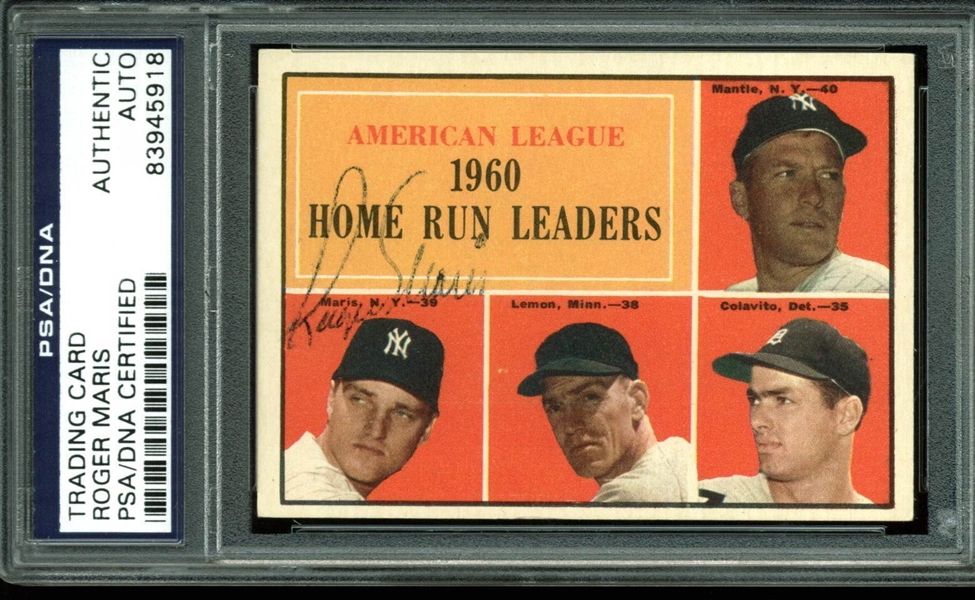 Roger Maris Signed 1961 Topps #44 AL Home Run Baseball Card (PSA/DNA Encapsulated)