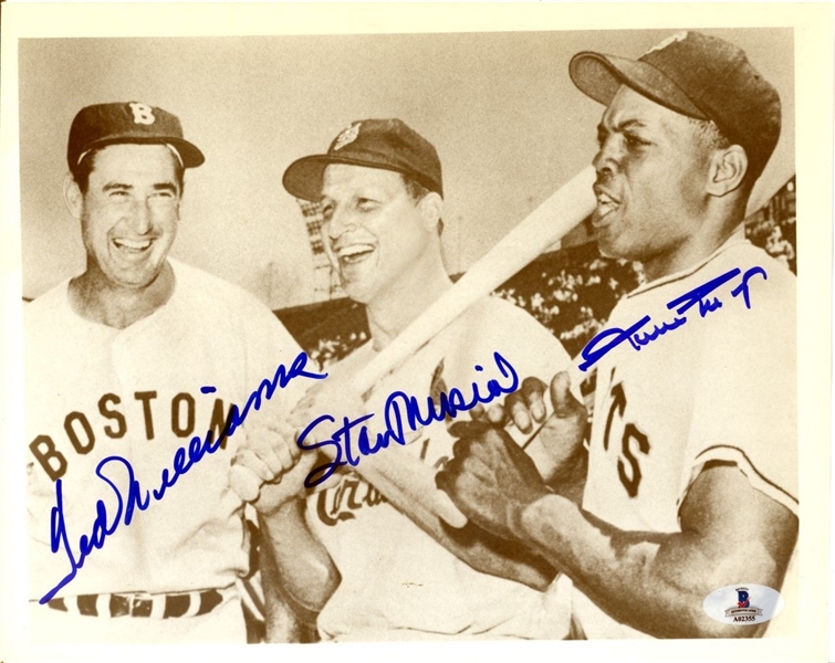 Ted Williams, Stan Musial & Willie Mays Signed 8" x 10" Vintage Photo (BAS/Beckett Graded GEM MINT 10)