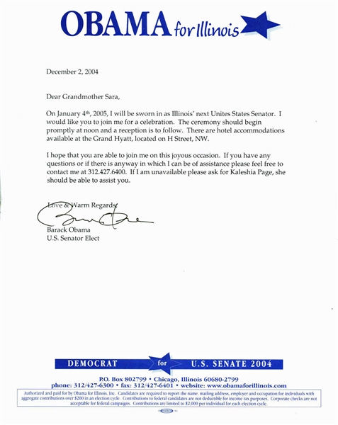 President Barack Obama One-of-a-Kind Typed & Signed 2004 Letter to His Grandmother (BAS/Beckett)