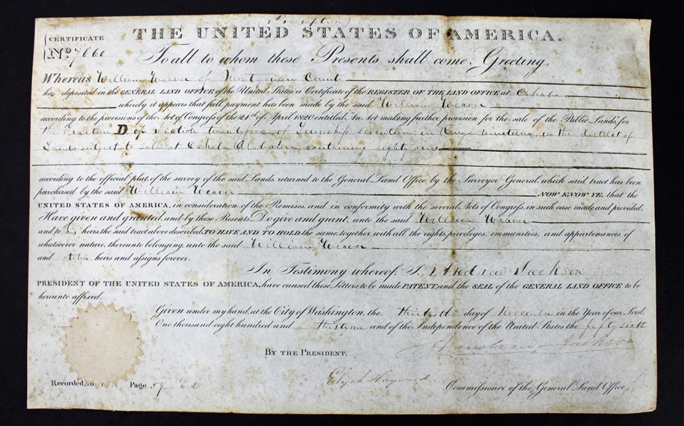 President Andrew Jackson Signed 1831 Land Grant Document (PSA/DNA)