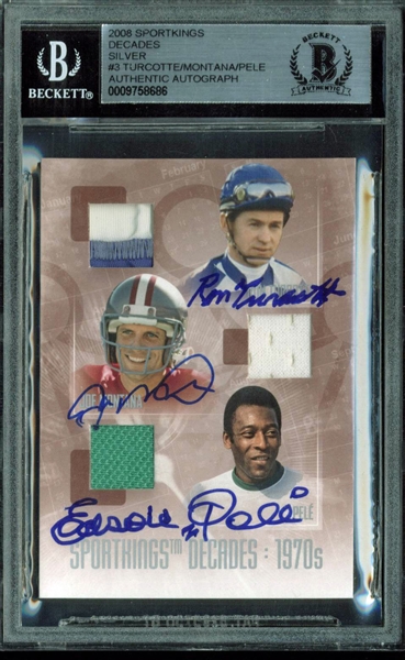 2008 Sportkings Decades 1970s Multi-Signed Card w/ Joe Montana, Pele, and Ron Turcotte (BAS/Beckett Encapsulated)