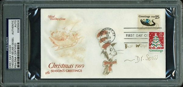 Dr. Seuss Signed Vintage First Day Cover w/ Hand Drawn Cat in the Hat Sketch! (PSA/DNA Encapsulated)