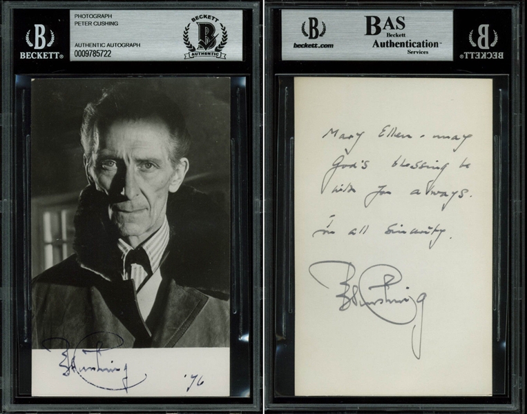 Peter Cushing Vintage Double Signed & Inscribed 3.5" x 5.5" Black & White Photograph (BAS/Beckett Encapsulated)